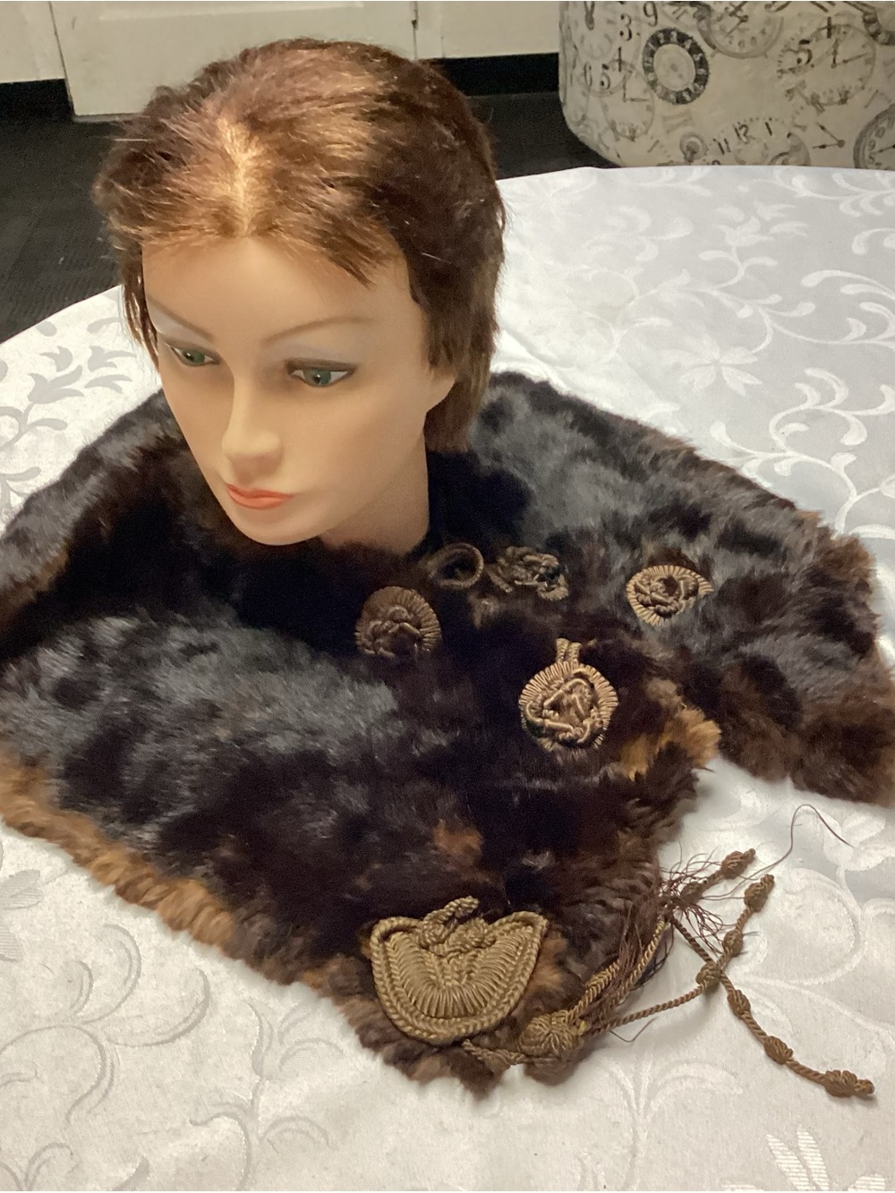 Vintage Brown Faux Fur Scarf with Embroidered Appliqués